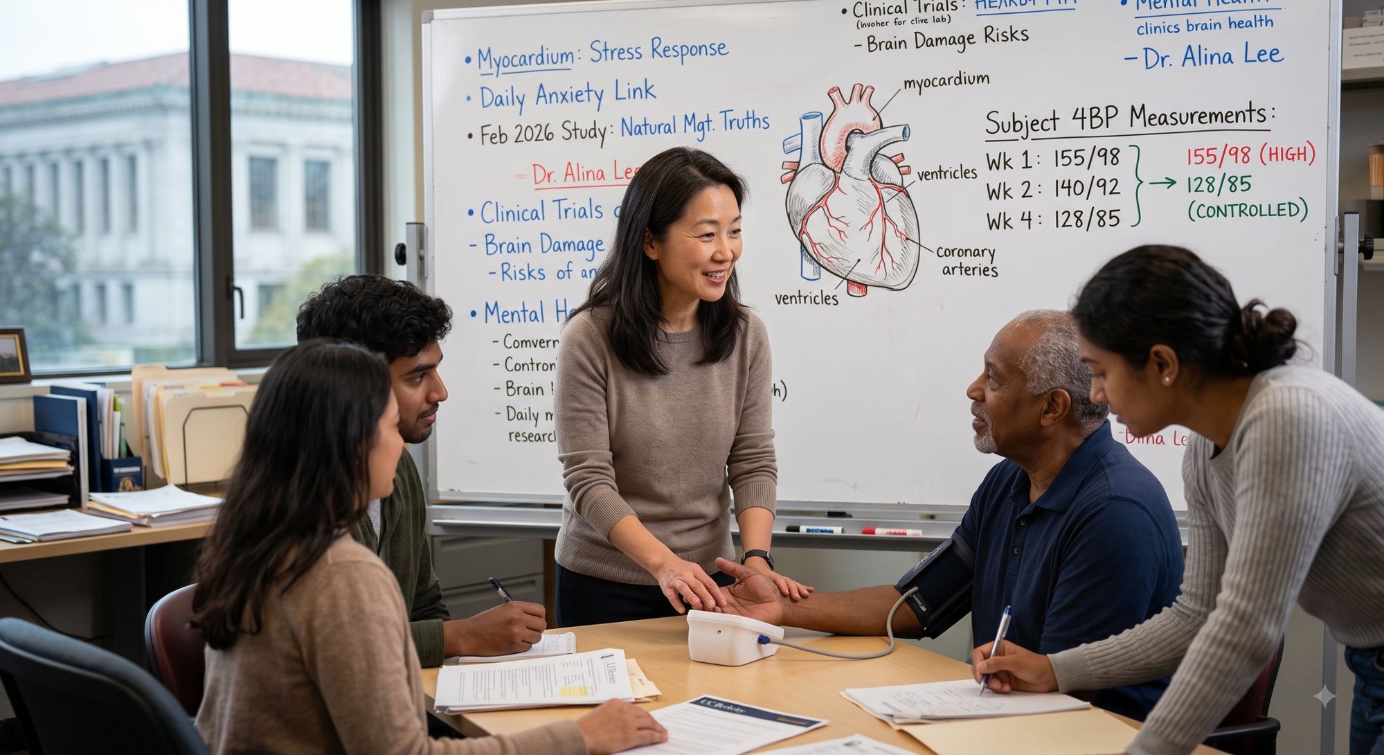 Dr. Alina Lee and her research group reviewing blood pressure study results