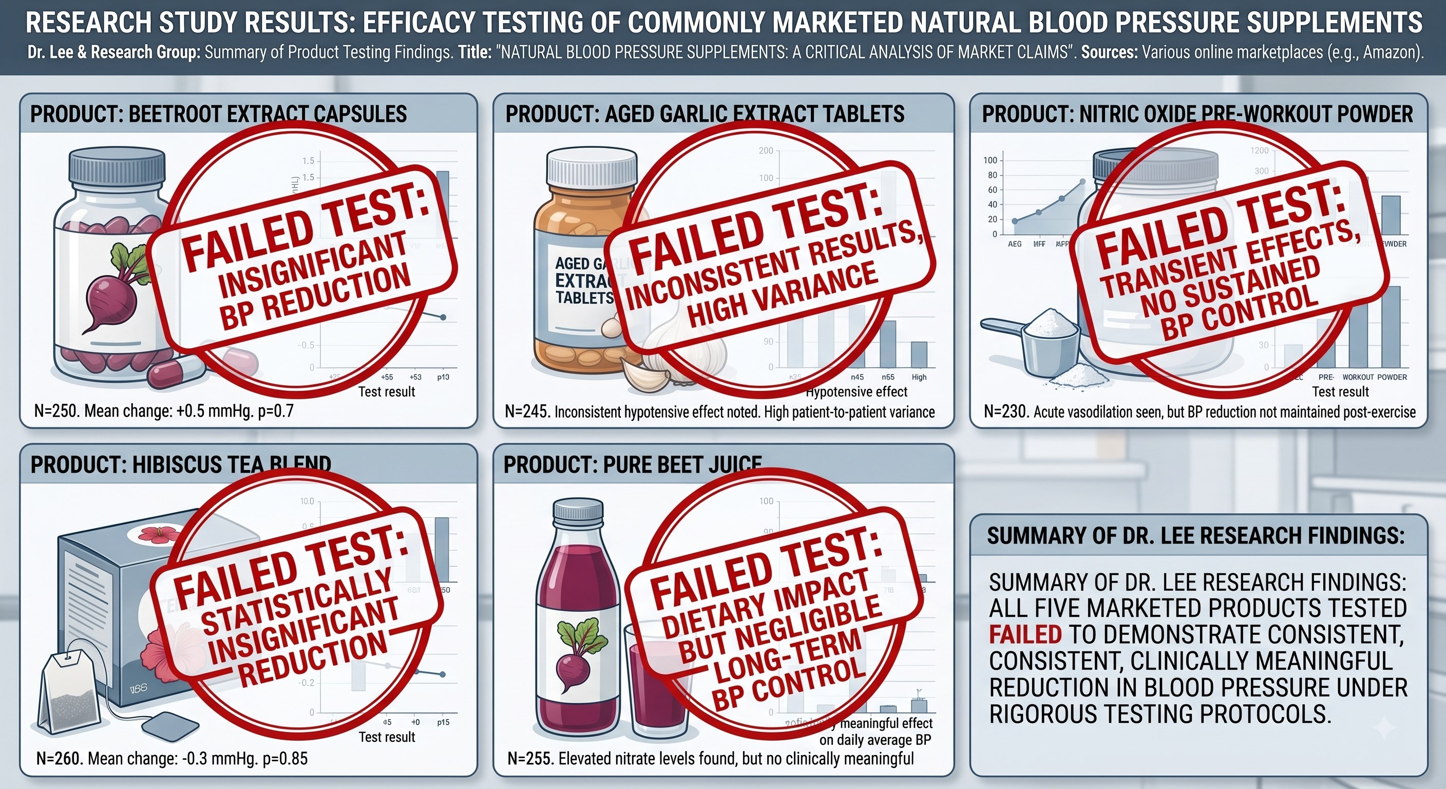 Research study results: five commonly marketed natural blood pressure supplements failed efficacy testing