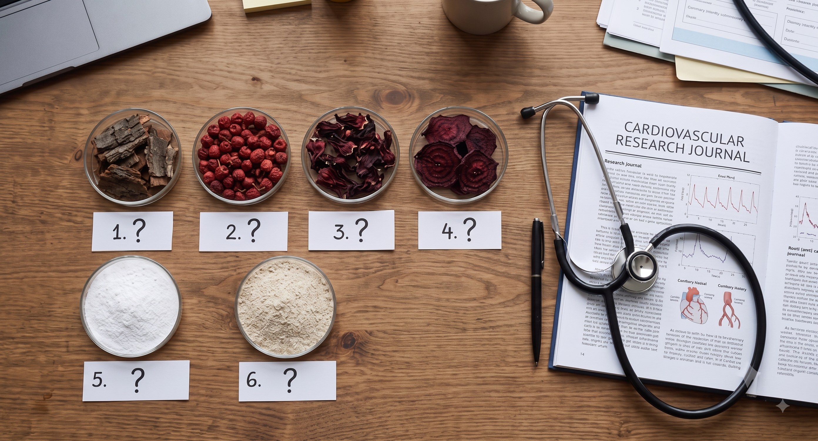 Six mystery botanicals beside a cardiovascular research journal