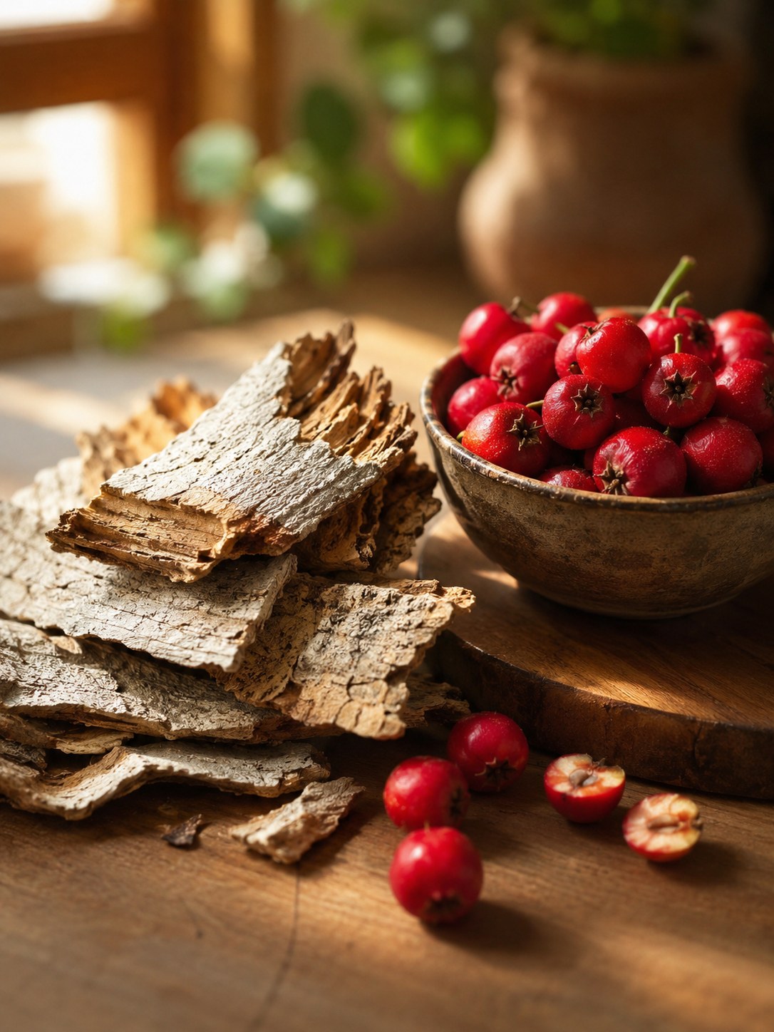 Arjuna bark and fresh hawthorn berries