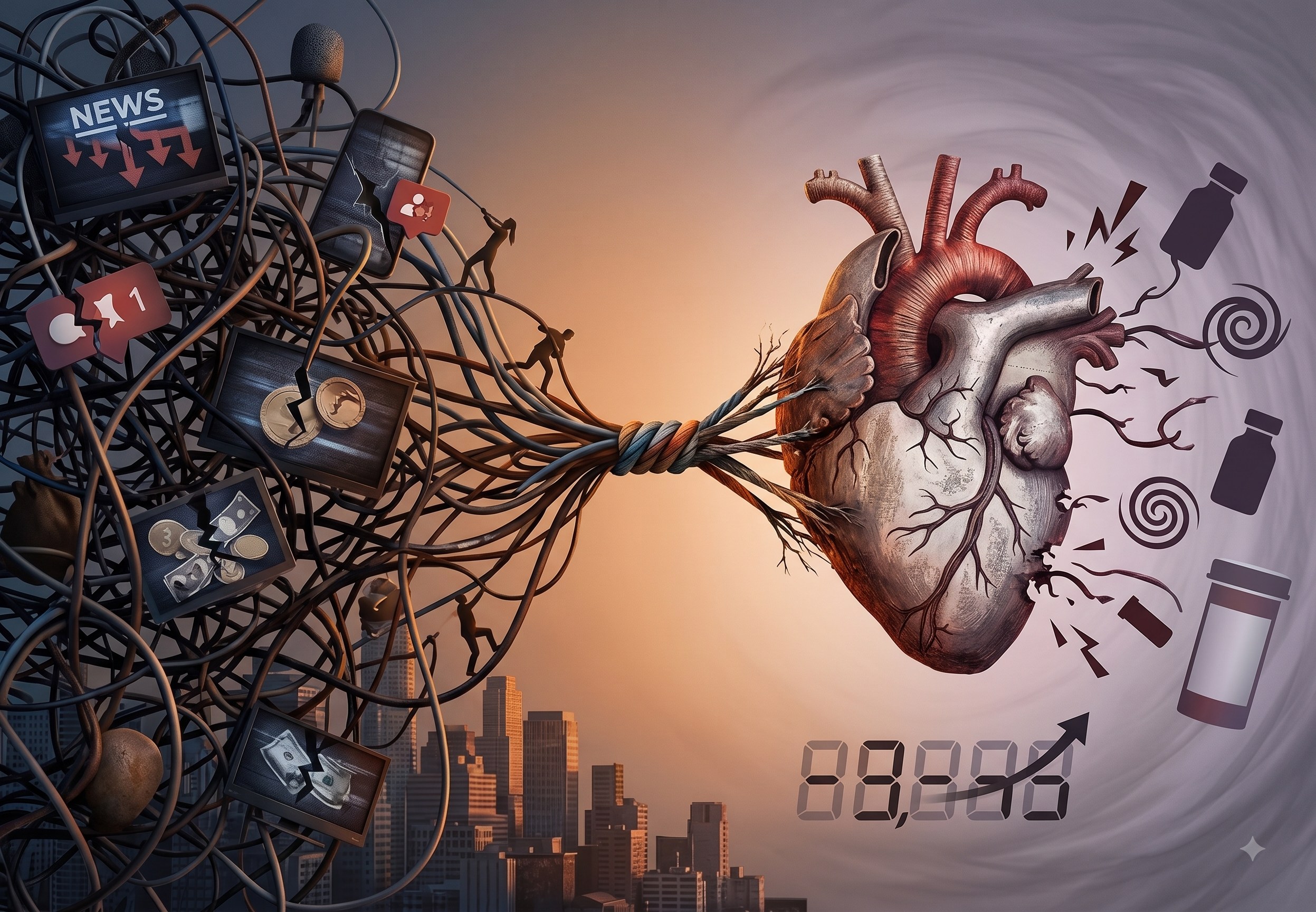 Modern stressors — news, money worries, social media — pulling on the heart